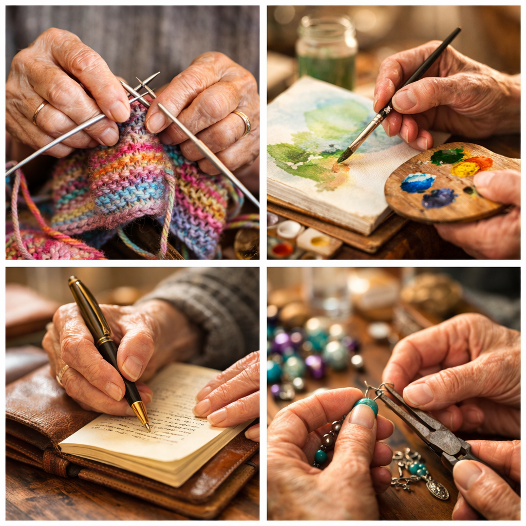 Close-up photo of elderly hands engaged in creative activities - knitting colorful yarn, watercolor painting on canvas, writing in a leather journal, and crafting handmade jewelry, arranged in a collage style composition, soft natural lighting, shallow depth of field with f/2.8, warm tones emphasizing texture and detail, photo style