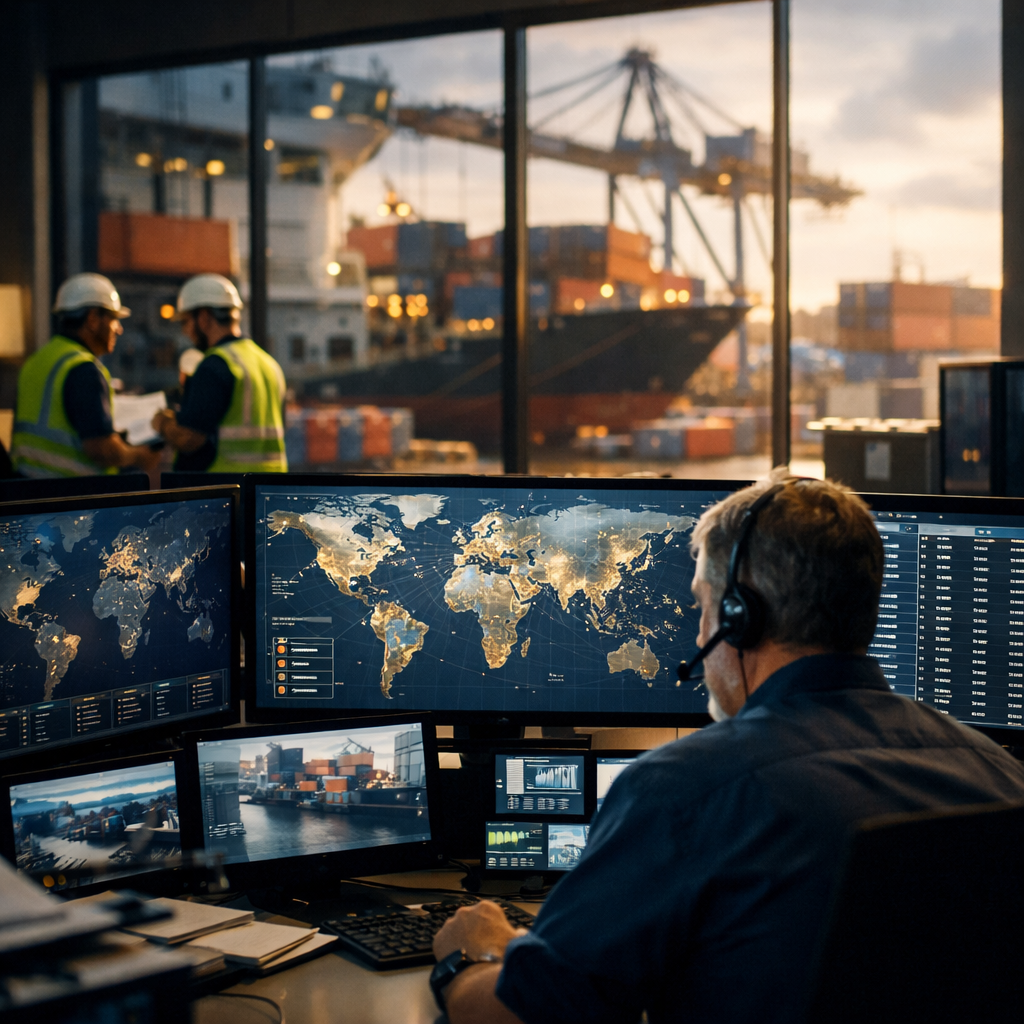 A professional logistics control center with multiple screens displaying global shipment tracking maps, warehouse workers coordinating in the background, containers being loaded at an international port visible through large windows, dramatic side lighting, shot with 35mm lens, shallow depth of field, modern corporate atmosphere, highly detailed, photo style