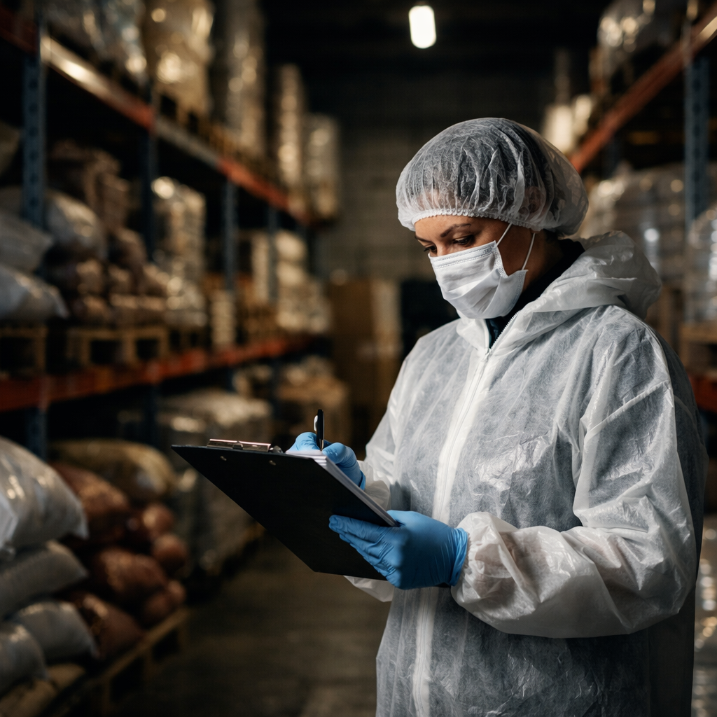 A dimly lit warehouse interior showing rows of stored food ingredients and raw materials on industrial shelving, with a quality control inspector in protective gear examining documents on a clipboard in the foreground, shot with 50mm lens, f/2.8, dramatic side lighting creating shadows, high contrast, photo style, DSLR camera