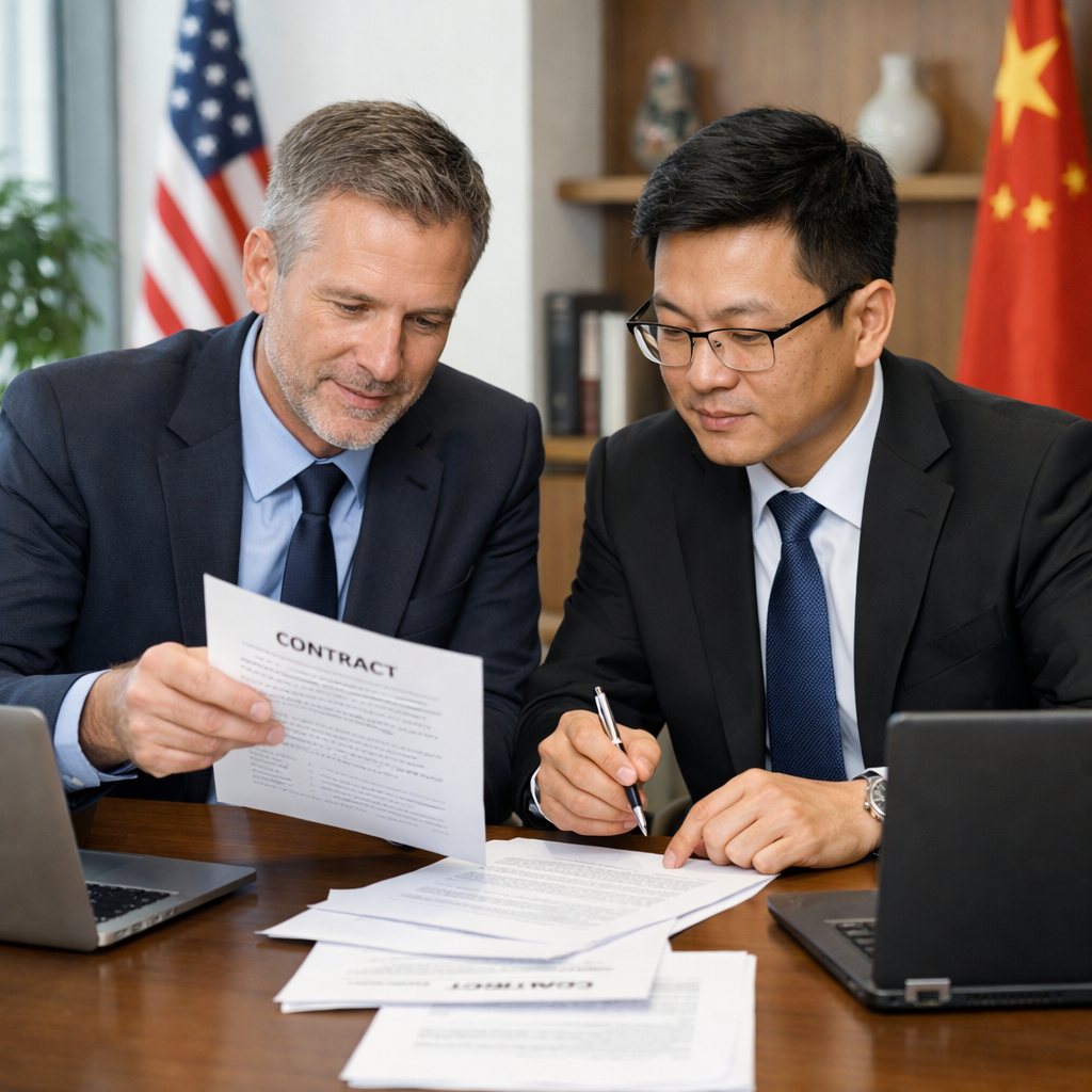 A professional business setting showing a Western executive and Chinese business partner reviewing legal documents together at a modern conference table, with visible contract papers, laptops, and a subtle background showing both Western and Chinese corporate elements, natural office lighting, shot with 50mm lens, photo style