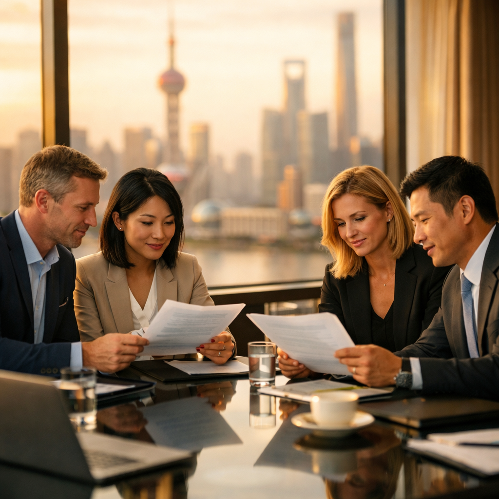 A professional business meeting scene in a modern Chinese office, photo style, shot with 50mm lens at f/2.8, showing Western businesspeople and Chinese partners reviewing documents at a glass conference table, warm natural lighting from floor-to-ceiling windows, shallow depth of field with Shanghai skyline visible but blurred in background, high detail, professional DSLR camera quality, golden hour lighting
