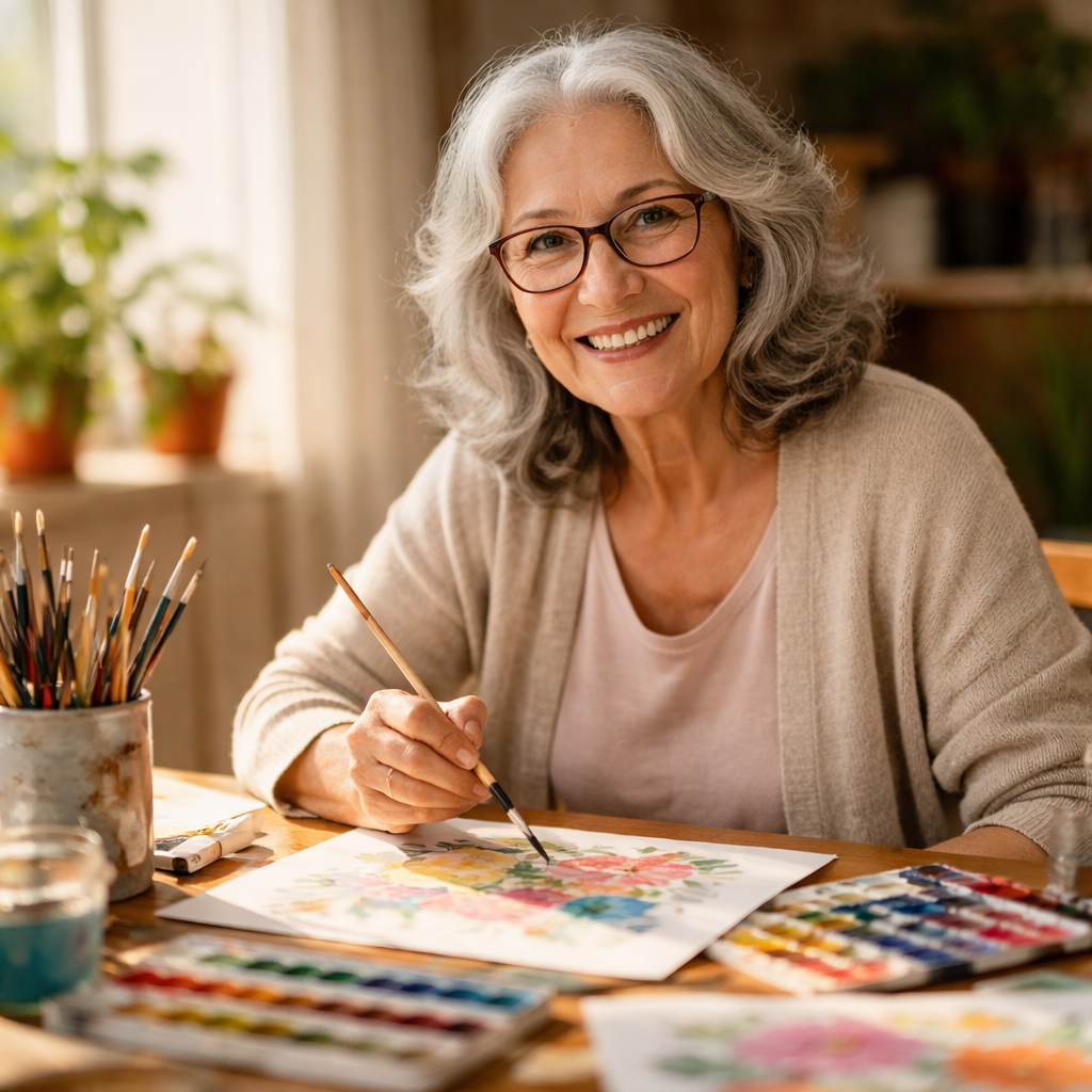 A vibrant photo of a senior woman with gray hair and glasses, sitting at a sunlit wooden table covered with colorful watercolor paintings, brushes, and paint palettes. She's holding a paintbrush with a joyful smile, wearing a comfortable cardigan. Natural window light illuminates the creative workspace. Shot with 50mm lens, f/2.8, shallow depth of field, warm tones, photo style