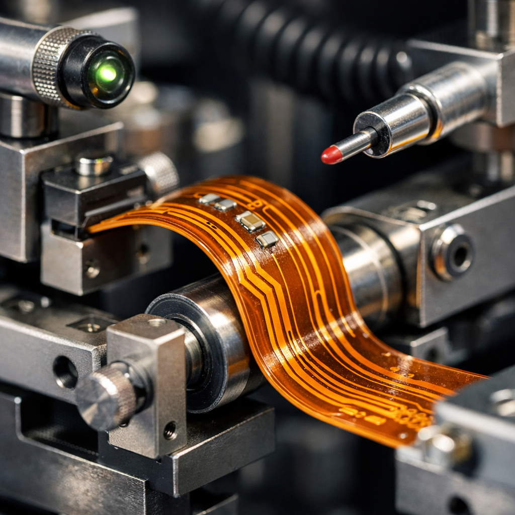 A close-up engineering photograph of a flexible printed circuit board undergoing bend endurance testing in a specialized testing machine. The flex PCB is mounted in a precision mechanical fixture with measurement sensors, showing the circuit bent at a controlled radius. The copper traces are clearly visible on the polyimide substrate under bright laboratory lighting. Shot with a 100mm macro lens at f/5.6, shallow depth of field focusing on the bend point, professional product photography style with technical details visible.