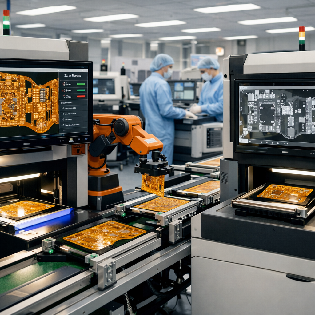 High-tech quality control laboratory scene showing automated optical inspection (AOI) and X-ray inspection systems examining flexible PCBs on a production line. Multiple high-resolution inspection stations with LED lighting, computer monitors displaying detailed circuit images, and a robotic handling system moving flex circuits between testing stations. Modern manufacturing environment with clean room lighting, industrial equipment, and quality assurance technicians in the background. Shot with 35mm lens, f/4, balanced lighting highlighting the advanced inspection technology.