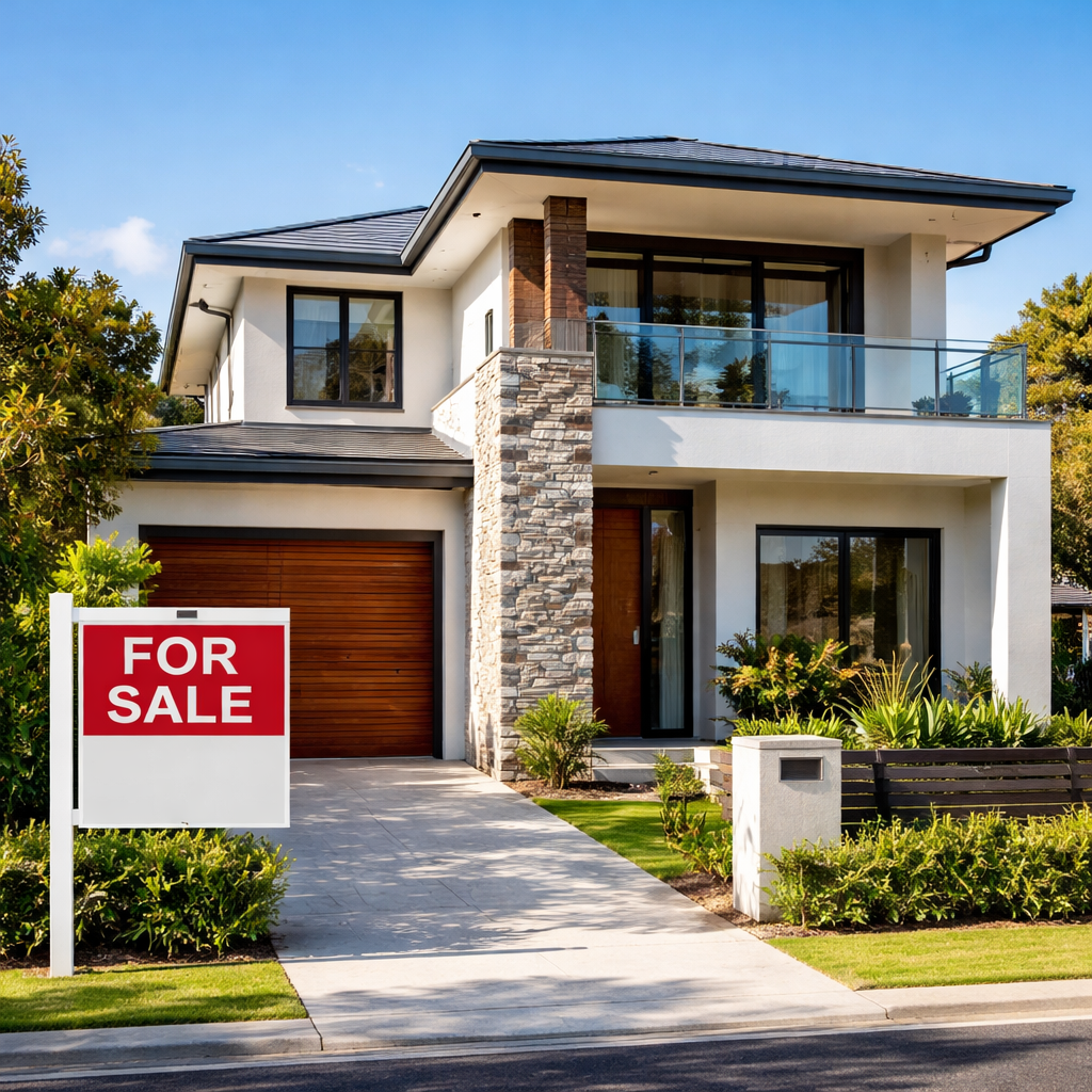 A professional photo of a modern Australian residential investment property with a 'For Sale' sign, shot with 50mm lens, natural lighting, showing the property from street view with clear blue sky, architectural details visible, photo style, high detail