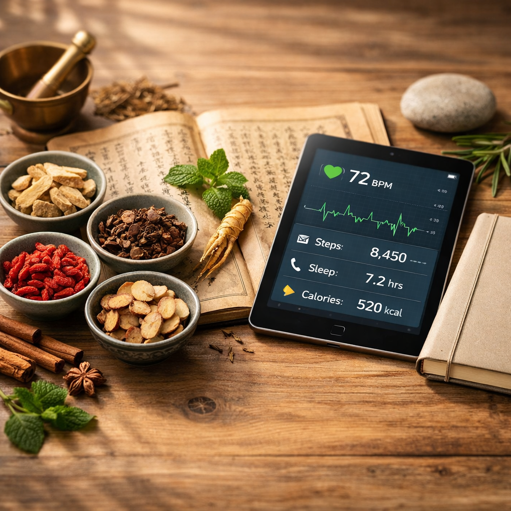 An elegant flat lay arrangement on a natural wooden surface featuring traditional Chinese medicine elements harmoniously combined with modern wellness tools: ancient herbal ingredients in small ceramic bowls, traditional medicinal texts with calligraphy, alongside a modern tablet displaying health data, a minimalist journal, and fresh herbs. Soft natural window light creates gentle shadows, shot with macro lens, shallow depth of field, balanced composition, warm tones, highly detailed textures, photo style