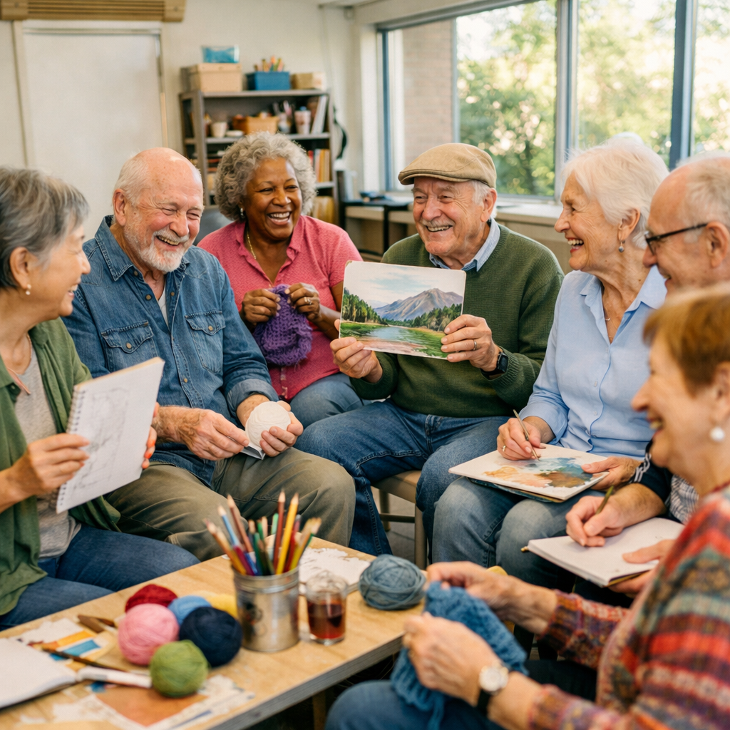 A warm community art class scene showing diverse seniors sitting in a circle, each working on different creative projects - painting, sketching, knitting. They're laughing and sharing their work with each other in a bright, welcoming room with large windows. Natural lighting, candid photo style, shot with 35mm wide-angle lens, f/4, capturing authentic human connection and joy