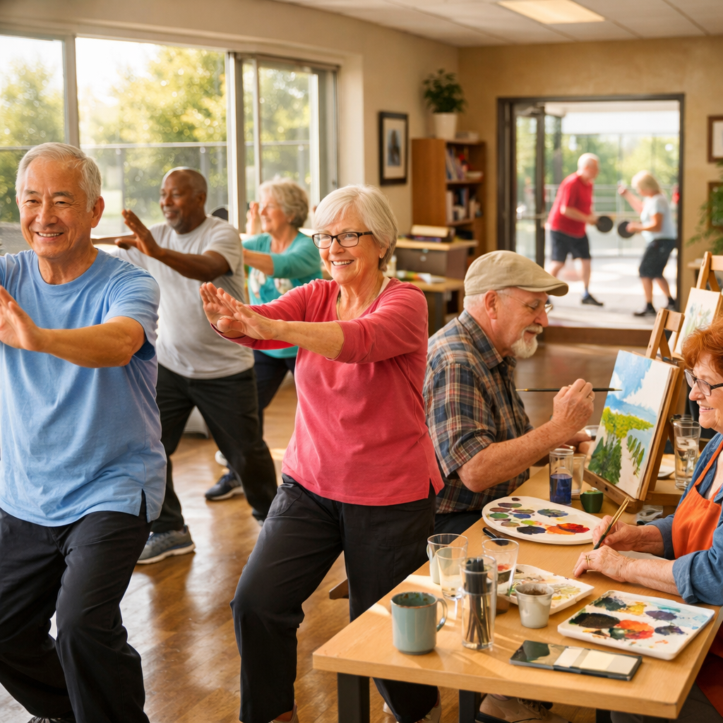 A joyful group of seniors engaged in various activities in a bright community center: some practicing tai chi in flowing movements, others painting at easels, a couple playing pickleball in the background, large windows with natural light, photo style, wide-angle lens, warm and inviting atmosphere, high detail, shot with DSLR camera