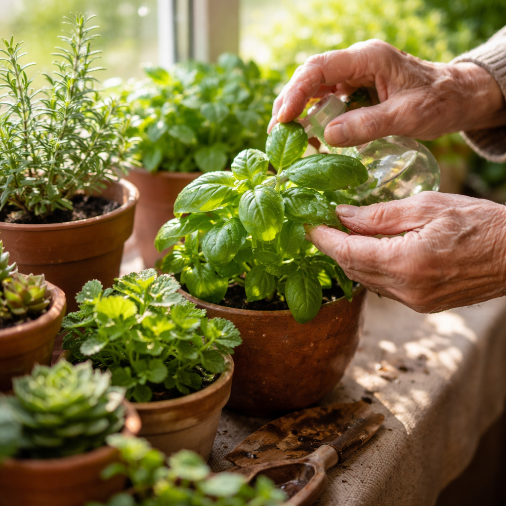 Close-up photo of elderly hands gently tending to thriving green houseplants on a sunny windowsill, with water droplets on leaves catching the light. Various small potted herbs and succulents arranged together. Shallow depth of field, macro lens, natural window light, vibrant green colors, detailed plant textures, peaceful gardening moment