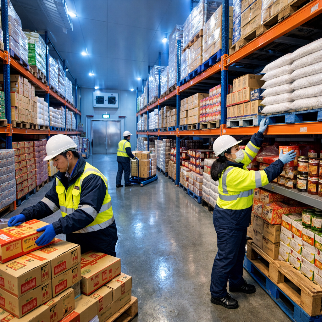 A sophisticated modern warehouse interior with temperature-controlled storage zones, workers in safety gear organizing Asian food products on industrial shelving, soft blue LED lighting, shot with wide-angle lens, professional logistics photography, high detail, clean industrial aesthetic