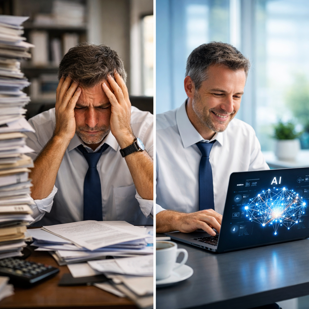 A modern office setting showing a split scene: on the left, a stressed businessperson surrounded by stacks of paper contracts and documents; on the right, the same person working efficiently with a sleek laptop displaying AI interface with glowing neural network visualization, soft blue ambient lighting, clean minimalist workspace, photo style, shot with 50mm lens, f/2.8, natural window lighting, high contrast