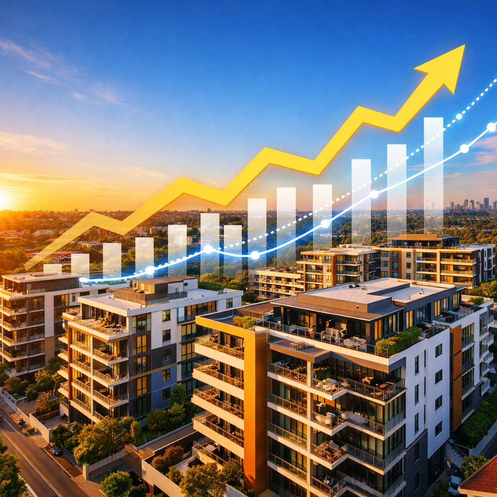 Australian residential property investment concept showing modern apartment buildings with financial growth graphs overlaid, golden hour lighting, aerial view, shot with wide-angle lens, vibrant colors with blue sky, detailed architectural features, professional real estate photography style