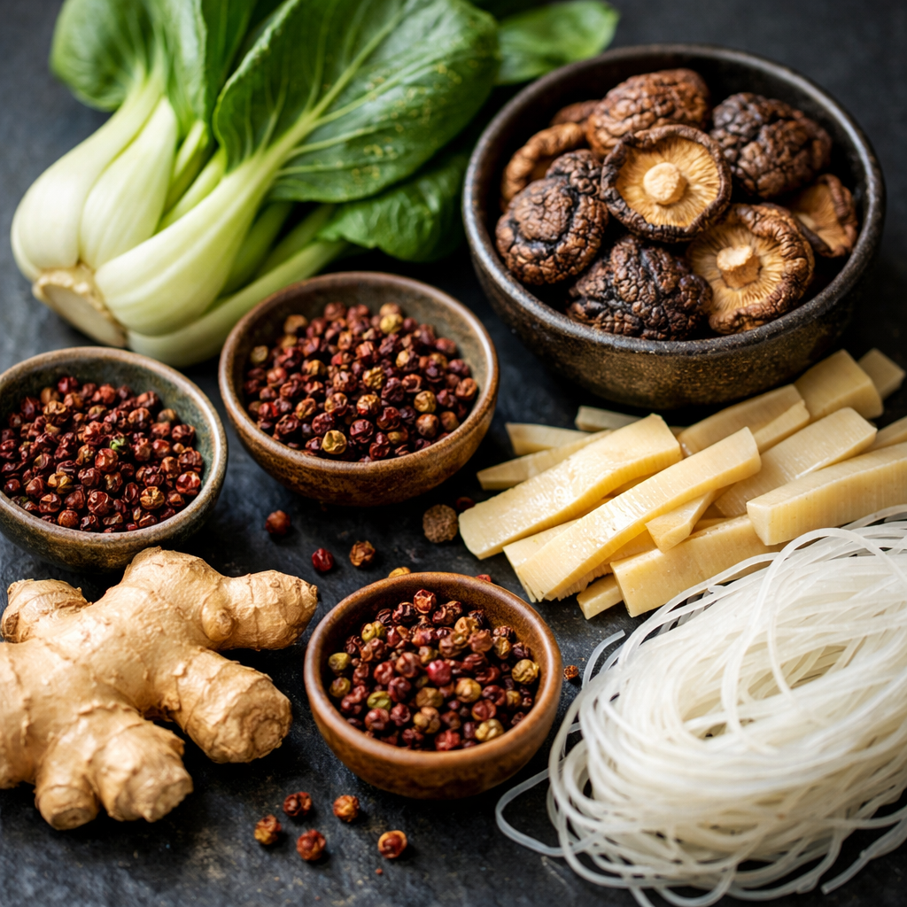 An elegant overhead flat lay of diverse authentic Chinese ingredients arranged artistically - fresh bok choy, dried shiitake mushrooms, Sichuan peppercorns in small bowls, bamboo shoots, rice noodles, ginger root, all arranged on a dark slate surface, natural window lighting, shot with macro lens f/2.8, shallow depth of field, food photography style, vibrant colors, highly detailed textures