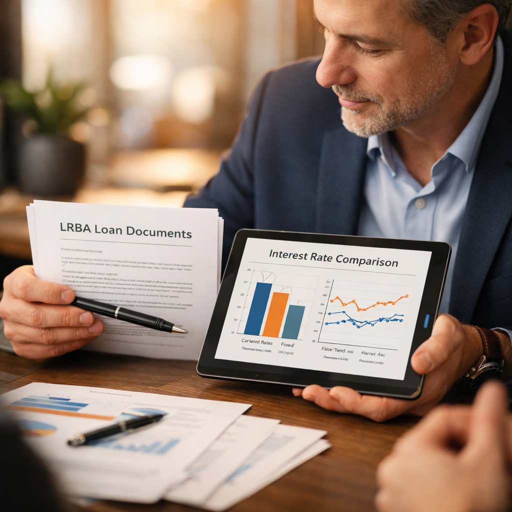 A professional financial consultant reviewing LRBA loan documents with charts showing interest rate comparisons on a tablet, modern office setting with natural lighting, shot with 50mm lens at f/2.8, shallow depth of field, warm tones, highly detailed, photo style