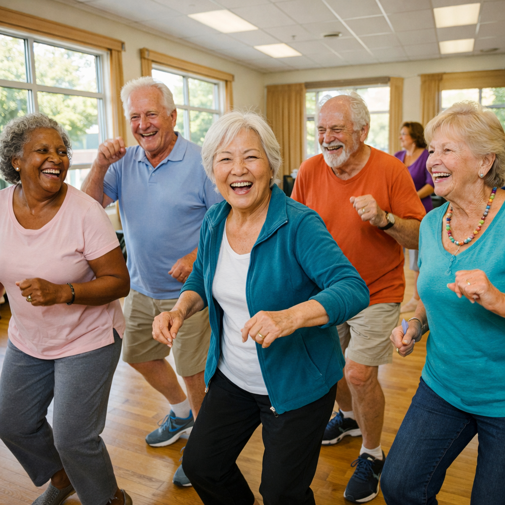 A joyful group of diverse seniors in their 70s participating in a community dance class, showing genuine smiles and movement, bright community center interior with large windows, natural lighting, shot with 35mm wide-angle lens, capturing the energy and social connection, warm and vibrant atmosphere, candid documentary style, photo style