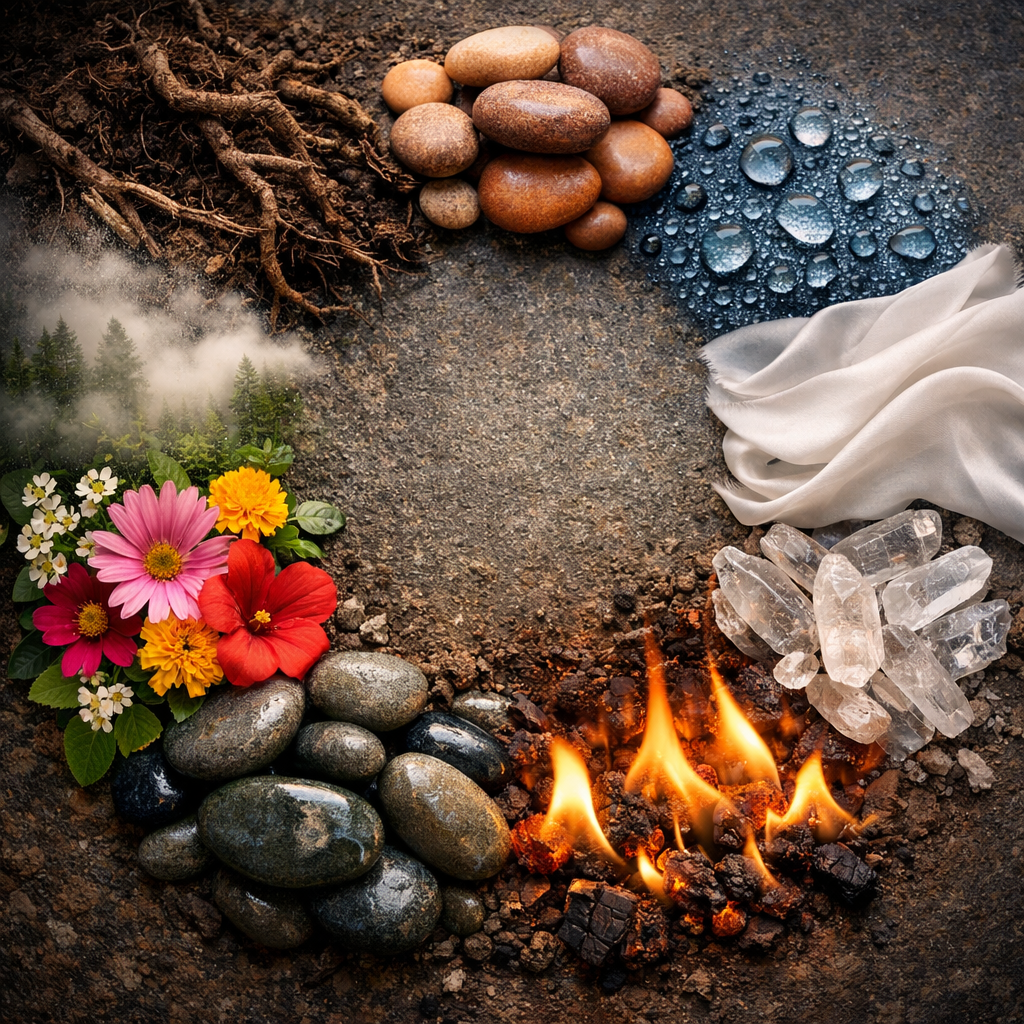 An artistic composition showing nine different natural elements arranged in a circular pattern - warm stones, cool water droplets, flowing silk fabric, earth and roots, morning mist, vibrant flowers, smooth river rocks, gentle flames, and clear crystals - each representing a different body constitution type. The arrangement should be viewed from above (aerial view), photographed with soft, diffused natural lighting, macro lens for intricate details, centered composition. The image should convey balance, diversity, and the interconnected nature of different constitutional types. Photo style, highly detailed, rule of thirds, rich textures.