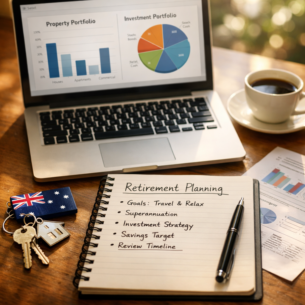 A professional financial planning scene showing a desktop with multiple elements: a laptop displaying property and investment portfolio charts, a notebook with retirement planning notes, Australian property keys, and a coffee cup. The composition uses rule of thirds, captured from a 45-degree overhead angle. Soft natural window lighting creates a productive, organized atmosphere. Photo style with bokeh effect in the background, shot with 50mm lens at f/2.8, highly detailed with warm morning light.