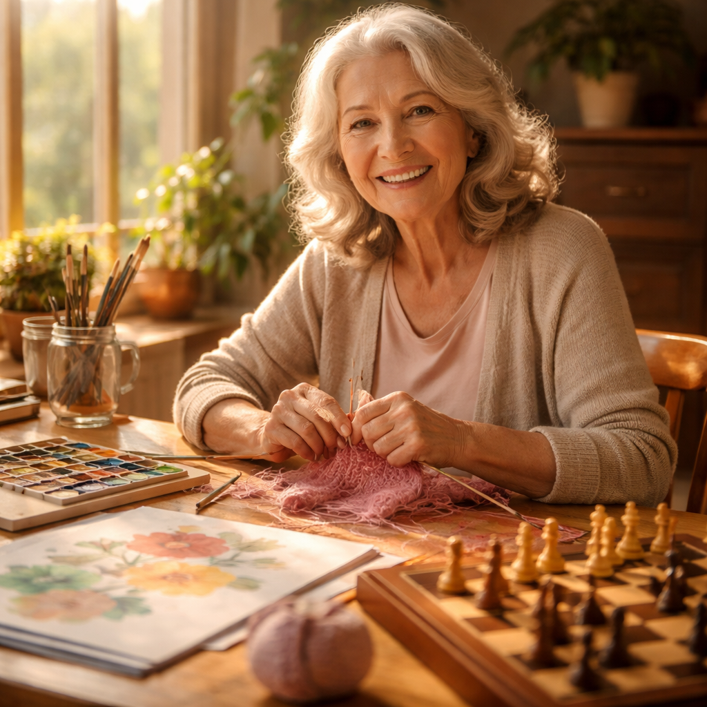 A warm and inviting photo of a senior woman in her 70s with gray hair, smiling while engaged in multiple hobbies - she's sitting at a sunlit wooden table with watercolor paintings, knitting materials, and a chess board visible, natural window lighting, shot with 50mm lens at f/2.8, shallow depth of field, warm golden tones, authentic lifestyle photography, photo style