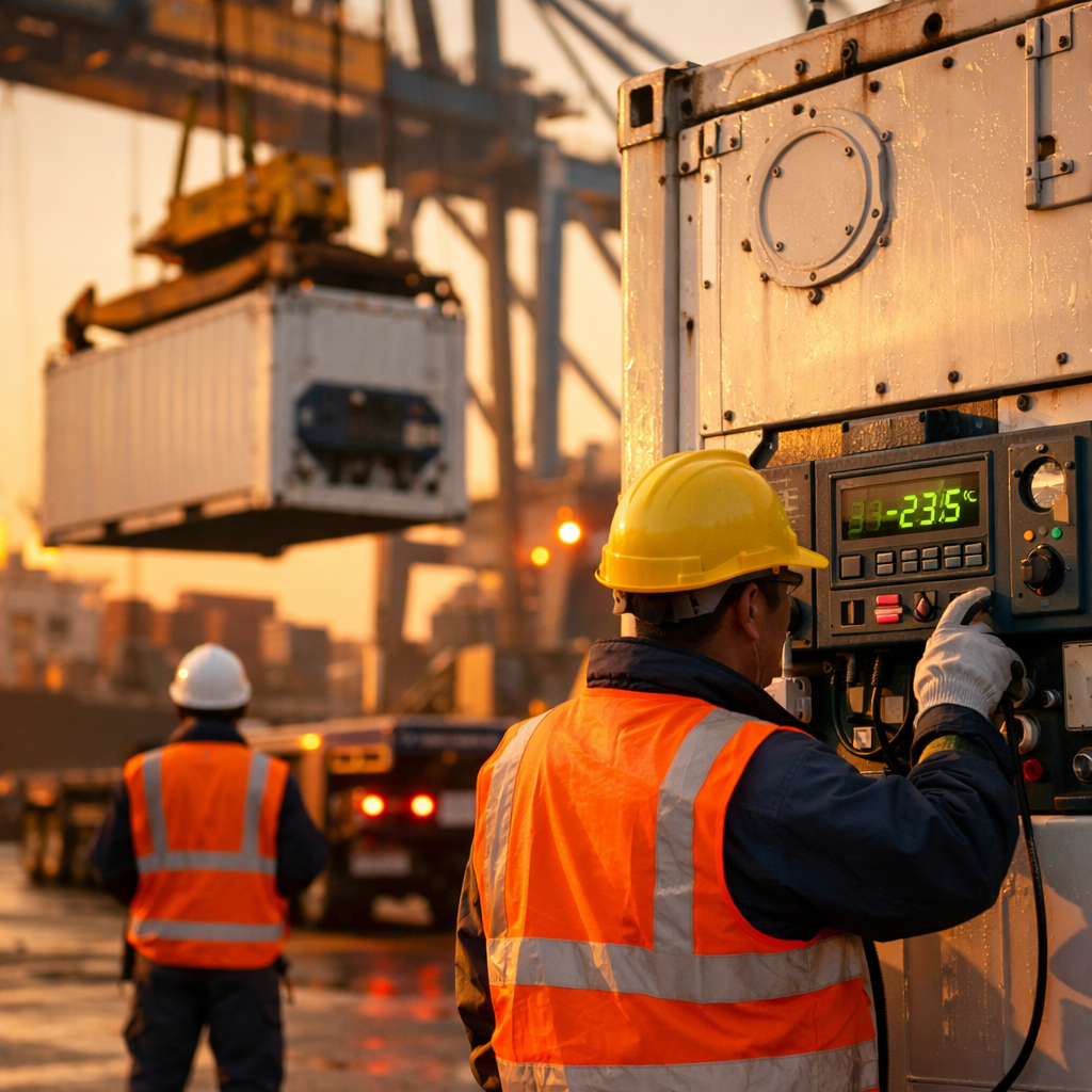 A modern refrigerated shipping container being loaded at a busy port terminal at dawn, with workers in safety gear carefully monitoring temperature controls, shot with 50mm lens, f/2.8, golden hour lighting, photo style, highly detailed, shallow depth of field