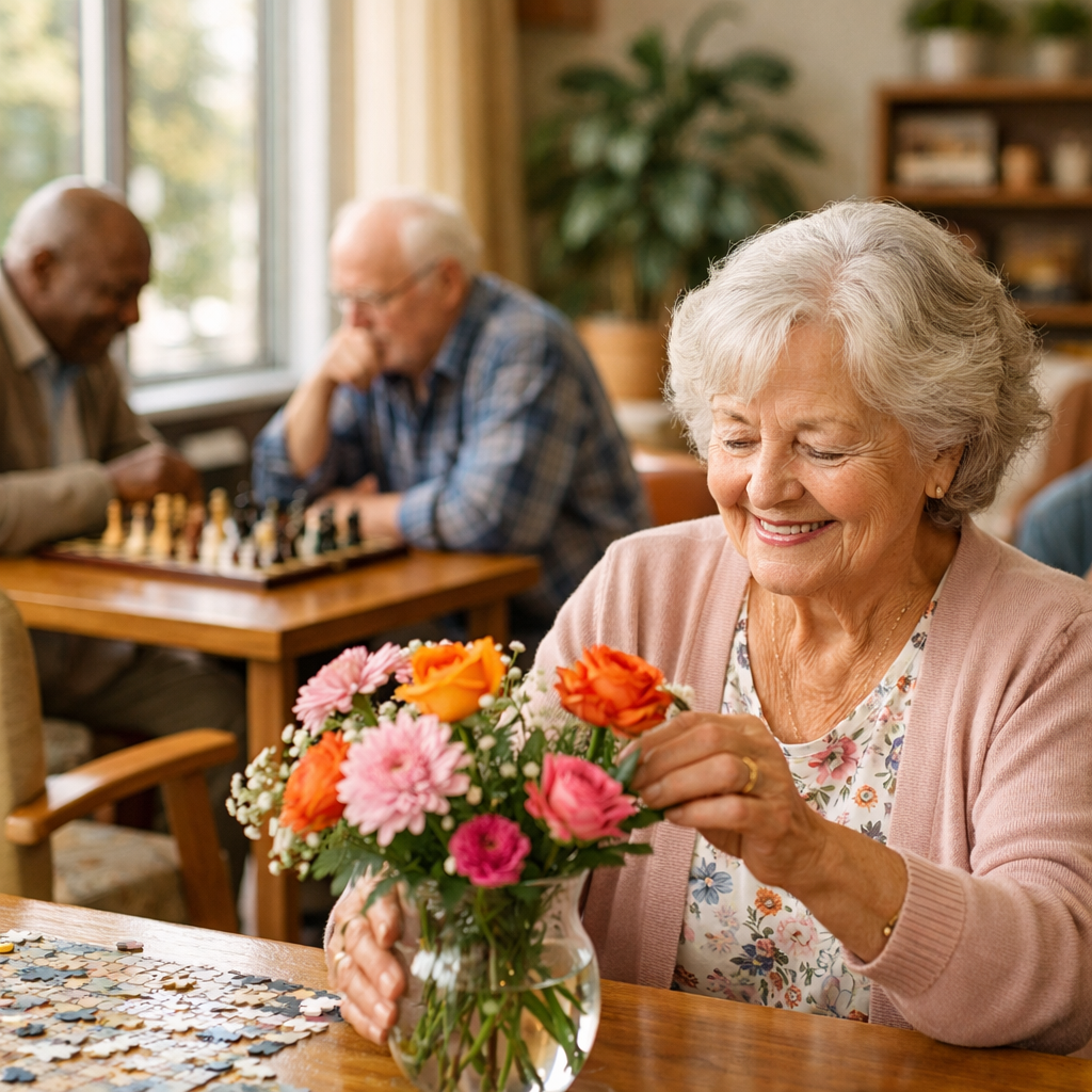 A warm, inviting scene of diverse seniors in their 80s engaged in various hobbies in a bright community center. In the foreground, an elderly woman with silver hair carefully arranges colorful flowers in a vase, smiling contentedly. Behind her, two men play chess at a sunlit table near large windows. To the side, another senior works on a jigsaw puzzle while listening to music with headphones. The space features comfortable seating, indoor plants, and soft natural lighting streaming through windows. Shot with 50mm lens, f/2.8, natural lighting, warm tones, photo style, highly detailed, Canon EOS R5
