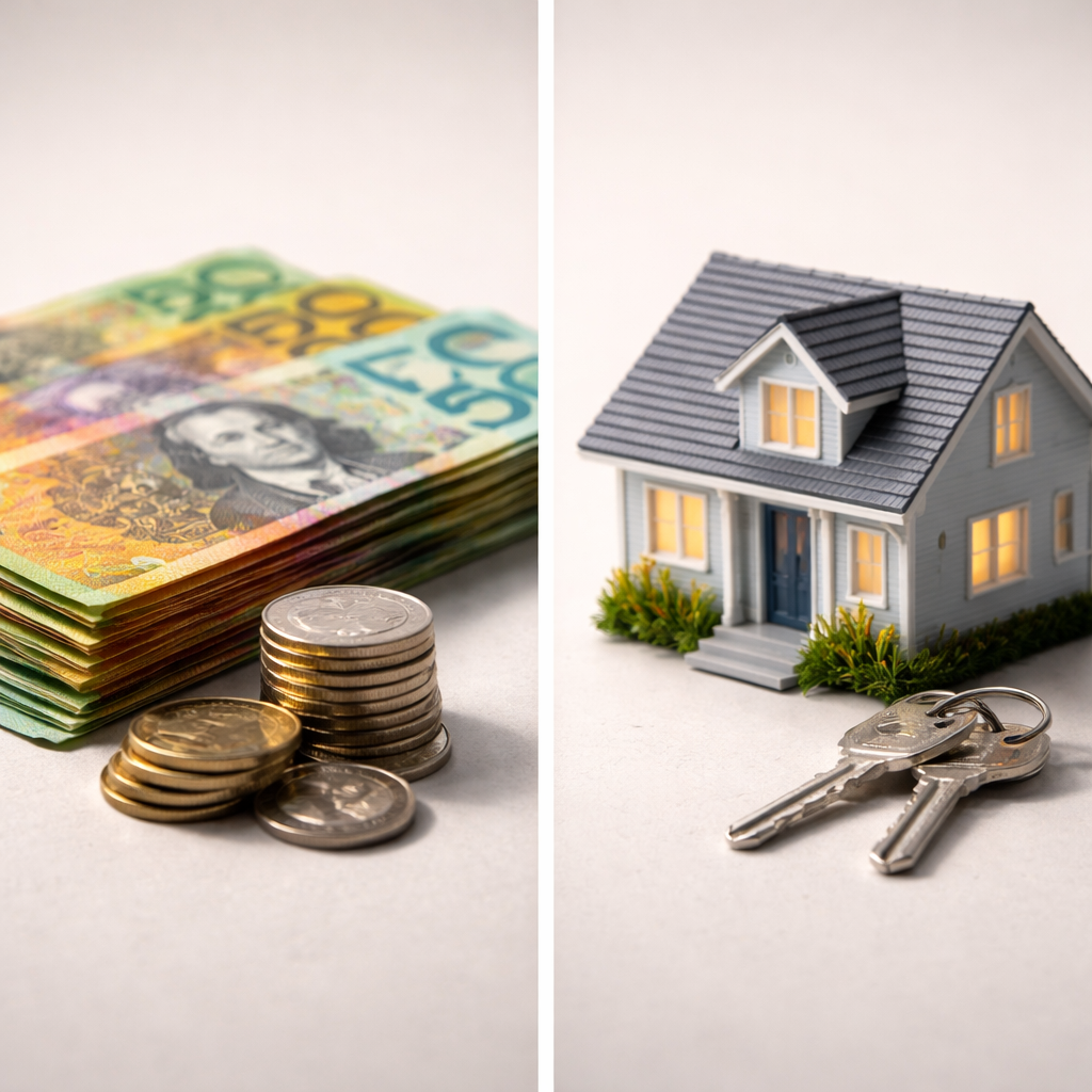 A conceptual split-screen image showing on one side a small pile of Australian dollar bills and coins, and on the other side a miniature house model with keys beside it, representing the leverage concept in SMSF property investment, shot with macro lens, professional product photography lighting, soft shadows, high detail on currency texture, neutral background, centered composition, photo style