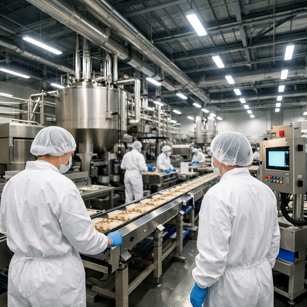 A modern Chinese food manufacturing facility interior, photo style, shot with 24mm wide-angle lens, showing stainless steel processing equipment and production lines, workers in white protective clothing and hairnets, bright LED overhead lighting, clean organized workspace, depth of field f/5.6, industrial photography style, high detail, professional DSLR camera quality