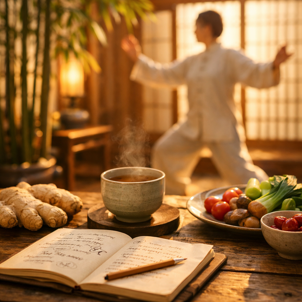 A peaceful wellness scene showing a person practicing gentle tai chi in a sunlit room with traditional Chinese elements - bamboo plants, wooden flooring, soft natural light streaming through paper screens. In the foreground, an artfully arranged table displays fresh ginger root, warming herbal tea in a ceramic cup, seasonal vegetables, and an open journal with health notes. Shot with 50mm lens, golden hour lighting, warm tones, shallow depth of field creating bokeh effect, lifestyle photography style, authentic and inviting atmosphere