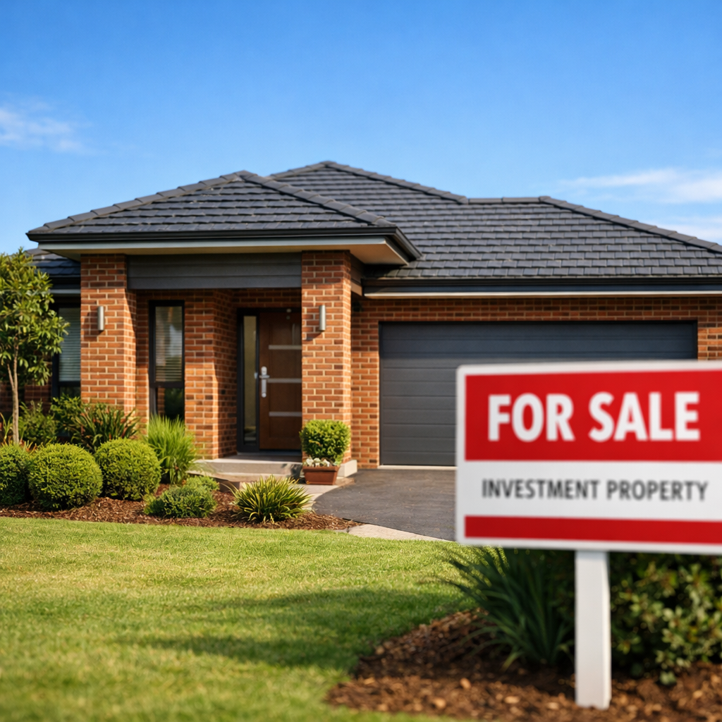 A modern Australian investment property with a 'For Sale' sign, shot with 50mm lens, f/2.8, natural lighting, professional real estate photography style, highly detailed brick facade, manicured front garden, blue sky background, rule of thirds composition, shallow depth of field
