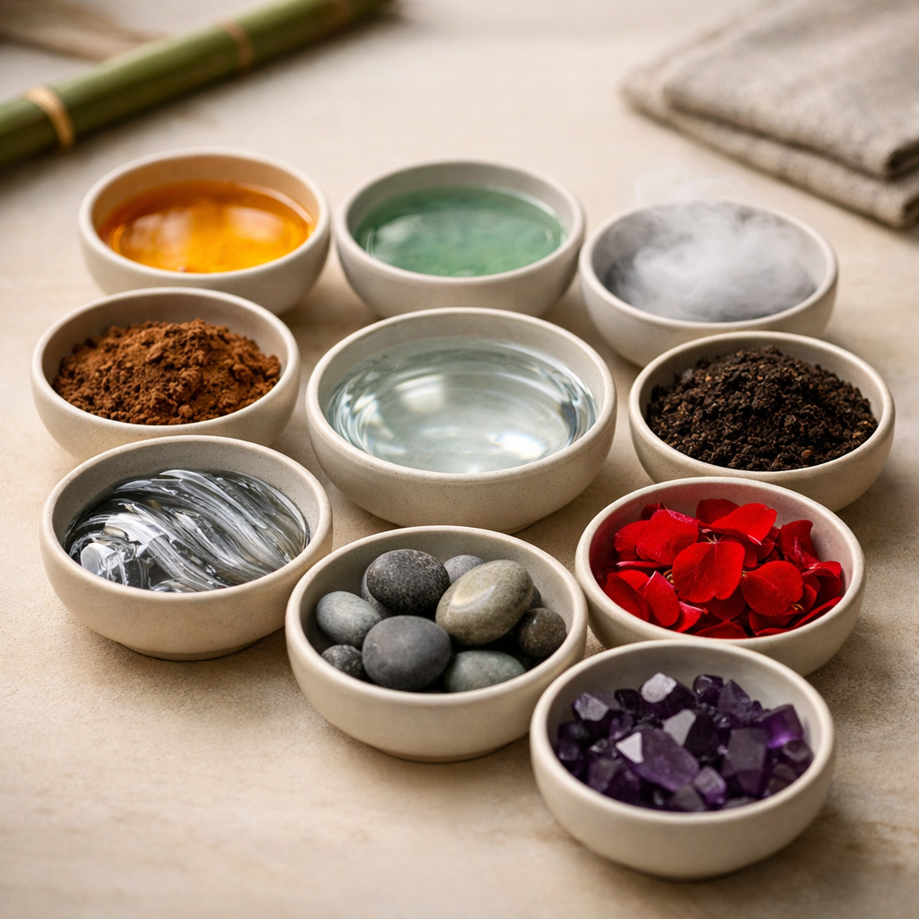 A serene composition showing nine elegant circular vessels arranged in a harmonious pattern, each containing different natural elements representing the TCM constitutions - warm glowing amber liquid, cool jade-colored water, misty vapor, rich earth, vibrant red petals, smooth stones, flowing silver streams, dark purple crystals, and clear balanced water in the center. Soft natural lighting, shallow depth of field, shot with 85mm lens at f/2.8, minimalist aesthetic with subtle Asian design elements, warm color palette, highly detailed textures, professional product photography style