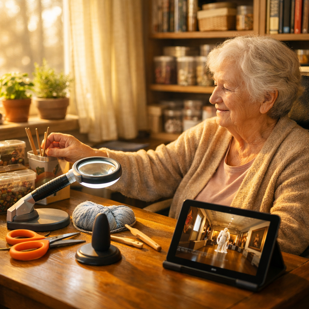 A cozy home setting showing an elderly person in their 80s comfortably seated in an ergonomic chair at a well-organized hobby station. On the table before them are adaptive tools: large-grip scissors, a magnifying glass with LED light, an ergonomic pen holder, and a tablet displaying a virtual museum tour. Nearby shelves hold neatly arranged craft supplies in clear containers, books with large print, and potted herbs on a windowsill. Afternoon sunlight floods the space through sheer curtains, creating a peaceful atmosphere. The person reaches for knitting needles with a contented expression. Shot with 35mm lens, f/2.8, golden hour lighting, soft focus background, photo style, warm and inviting tones, highly detailed