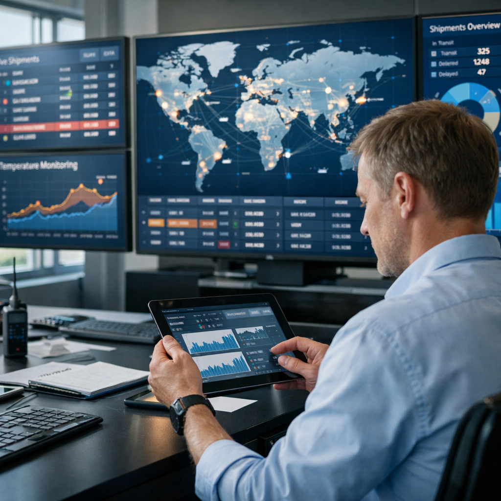A sophisticated logistics control room with large monitors displaying real-time shipment tracking data, temperature graphs, and global supply chain maps, professional worker analyzing data on tablet, shot with 35mm lens, natural lighting through windows, modern technology center, clean composition, photo style, highly detailed