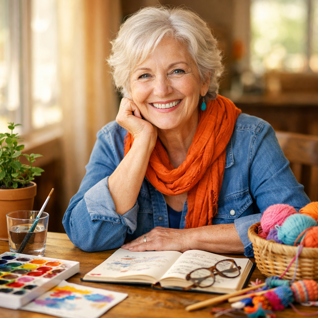 A vibrant senior woman in her 60s sitting at a sunlit wooden table, surrounded by various hobby items including watercolor paints, a small potted plant, knitting needles with colorful yarn, and a open journal. Natural window light streaming in, warm tones, shallow depth of field, shot with 50mm lens at f/2.8, photo style, highly detailed, cozy and inviting atmosphere