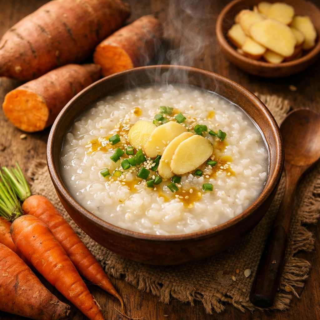 An overhead view of a nourishing bowl of rice congee with ginger slices, next to root vegetables like sweet potatoes and carrots on a rustic wooden table, steam rising gently, shot with 35mm lens, natural lighting, warm autumn colors, shallow depth of field, highly detailed food photography, photo style