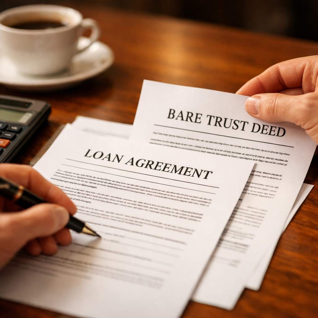 Close-up of hands reviewing formal loan documentation and bare trust deed papers on a polished wooden desk, with a calculator and coffee cup nearby, soft office lighting from the side, macro lens shot, shallow depth of field showing crisp document details, professional business setting, photo style, Canon EOS R5, natural warm tones