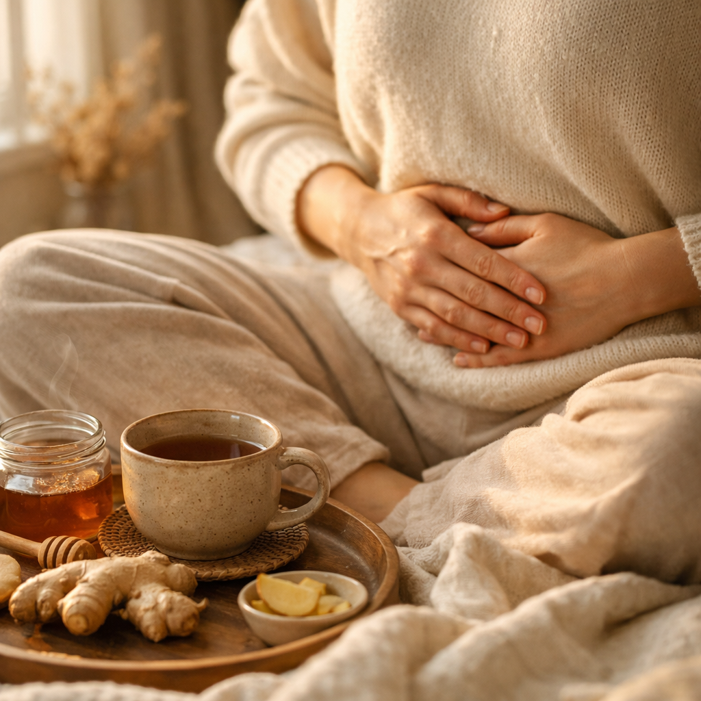 A warm, inviting composition showing a person sitting peacefully in soft morning light, hands resting on their abdomen in a gesture of self-care, surrounded by natural elements like fresh ginger root, warm tea, and soft textiles, shot with 50mm lens, f/2.8, natural window lighting, warm tones, photo style