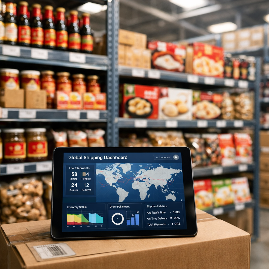 A modern warehouse interior with organized shelves of authentic Chinese food products - premium sauces, dim sum packages, and specialty ingredients. In the foreground, a digital tablet displays a global shipping dashboard with real-time logistics data. Soft natural lighting from skylights illuminates the scene. Shot with 35mm lens, shallow depth of field, professional commercial photography style, clean and organized composition