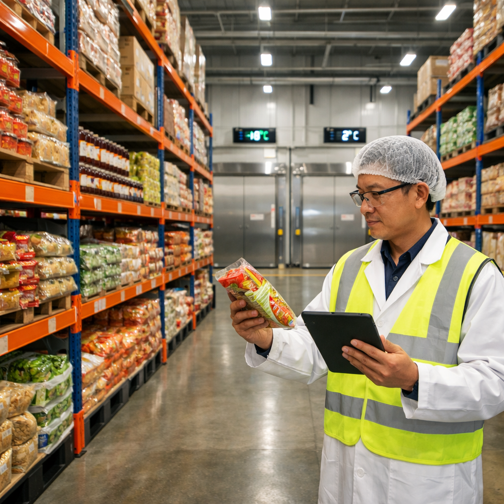 A modern logistics warehouse with organized shelves of packaged ethnic food products, quality control inspector checking traditional Asian food items with digital tablet, cold storage units in background, professional lighting, clean and efficient environment, shot with wide-angle lens, sharp focus, photo style