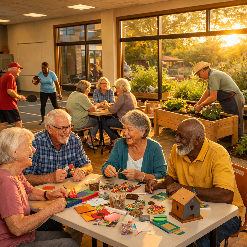 A diverse group of seniors aged 60-75 engaged in various activities together in a bright community center - some playing pickleball in the background, others sitting at tables doing crafts and laughing, one person tending to raised garden beds visible through large windows. Golden hour lighting, warm and welcoming atmosphere, shot with wide-angle lens, natural lighting, photo style, capturing genuine joy and social connection, high detail