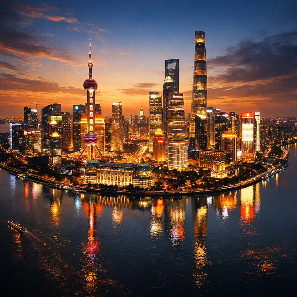 A dramatic aerial view of Shanghai's modern skyline at dusk, with illuminated skyscrapers reflected in the Huangpu River, shot with wide-angle lens, golden hour lighting, high contrast, highly detailed urban landscape, photo style