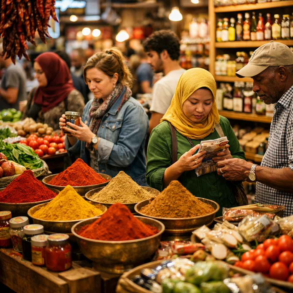 A vibrant, bustling international food market with diverse shoppers examining authentic ethnic ingredients, colorful spices in traditional containers, fresh produce from various cultures, and specialty food products on wooden shelves, shot with 50mm lens, f/2.8, natural lighting, warm tones, photo style