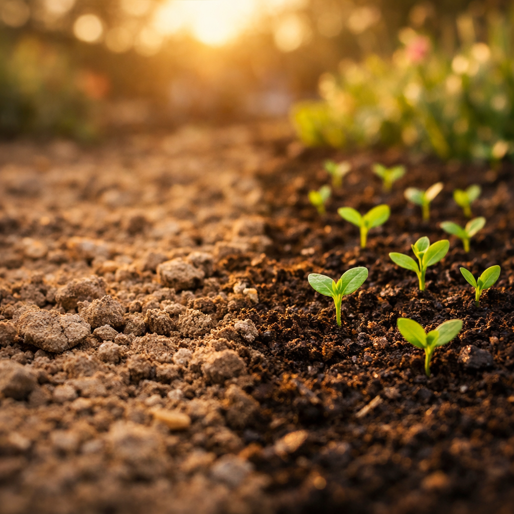 A serene garden transformation showing depleted soil on one side gradually becoming rich, fertile earth with vibrant green sprouts emerging on the other side, shot with 50mm lens, natural golden hour lighting, shallow depth of field at f/2.8, photo style, highly detailed soil texture