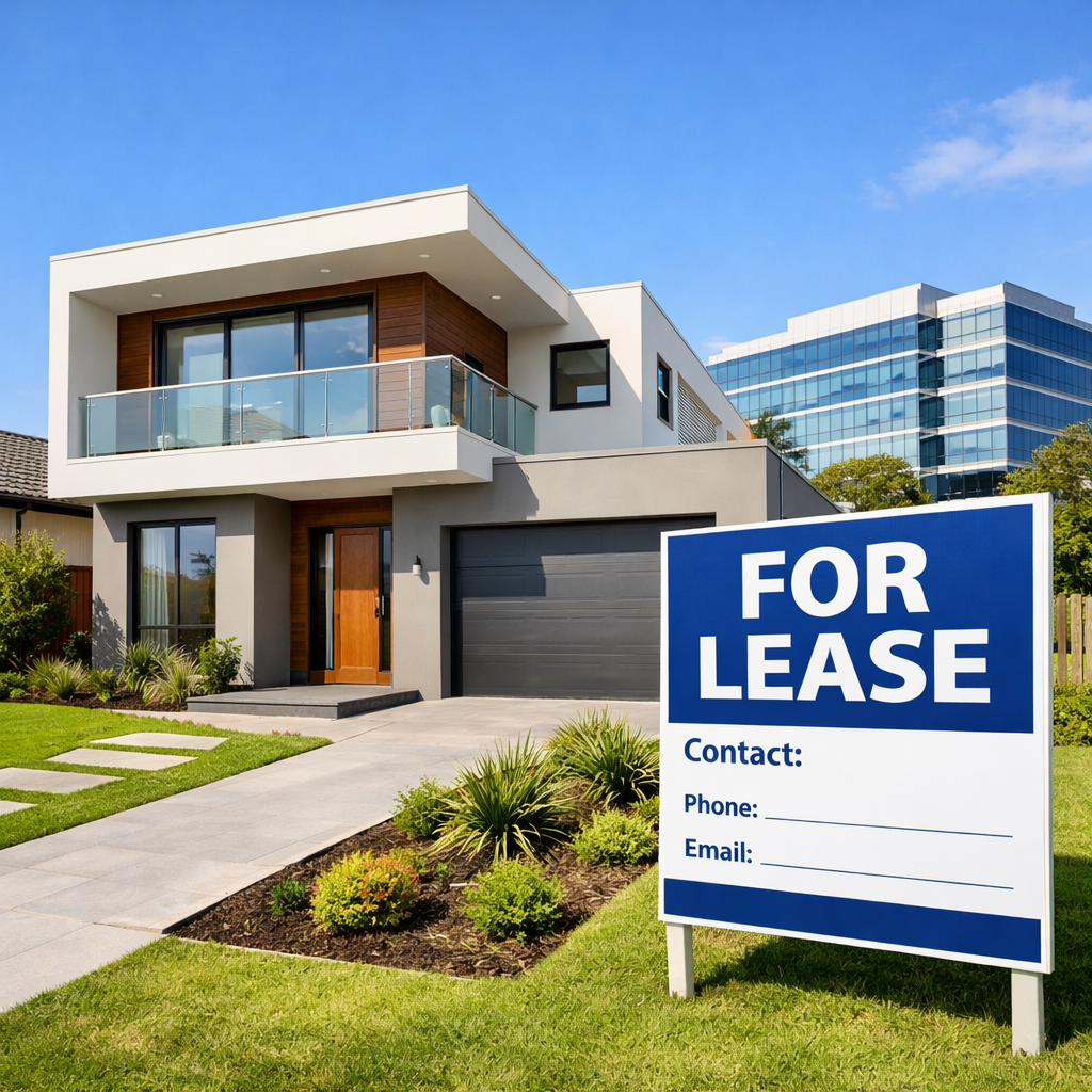 Modern Australian residential investment property with 'For Lease' sign in front, well-maintained commercial building in background, clean architectural lines, bright daylight, shot with wide-angle lens, professional real estate photography style, sharp focus, vivid colors