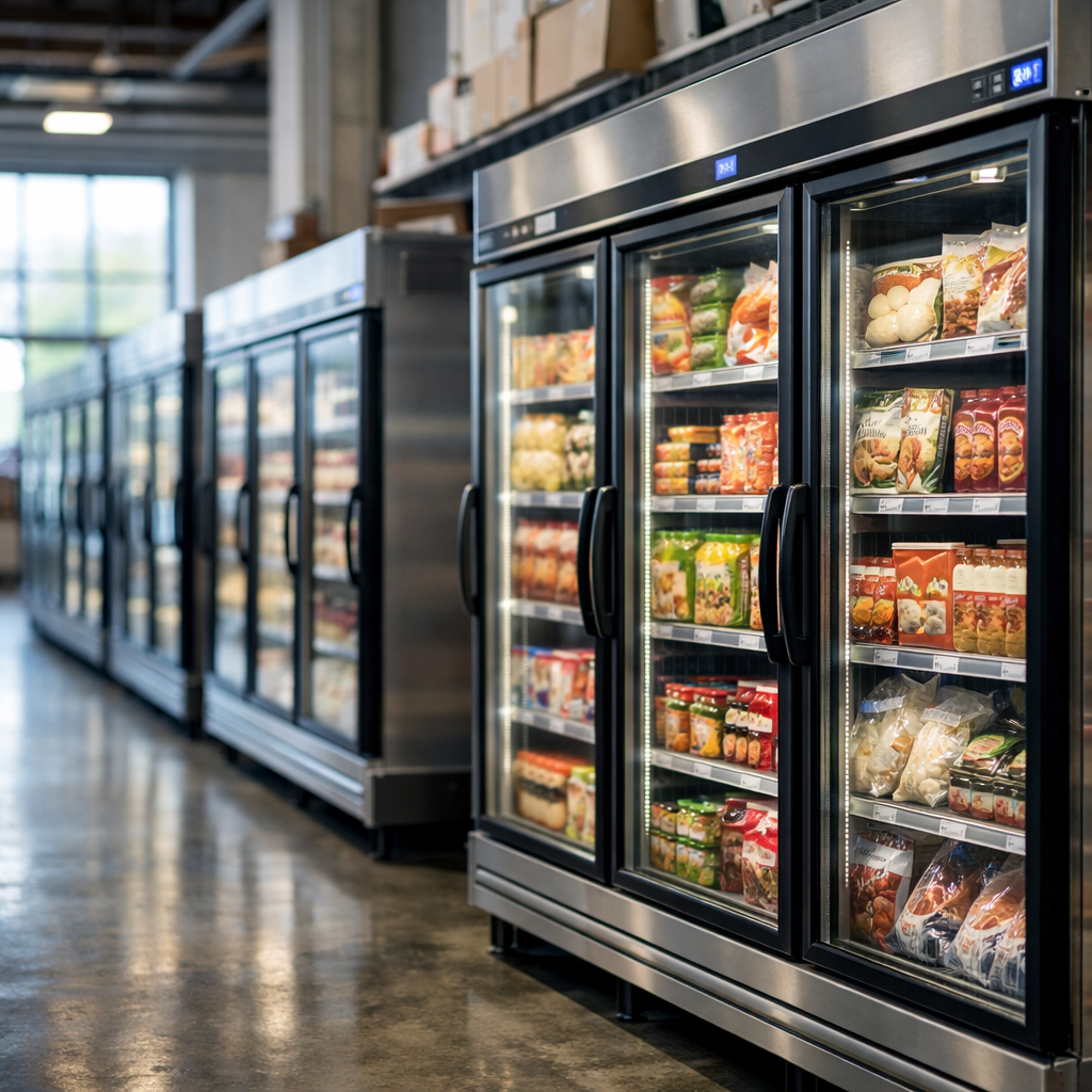 A modern warehouse interior with organized rows of refrigerated storage units containing diverse Asian food products, shot with 50mm lens, f/2.8, natural lighting from large windows, highly detailed, photo style, DSLR camera, rule of thirds composition