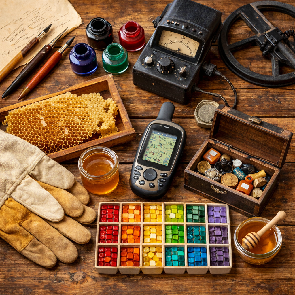 A vibrant overhead photo of diverse hobby supplies arranged on a rustic wooden table, including calligraphy pens with colorful ink bottles, a vintage metal detector, beekeeping gloves with honeycomb, small mosaic tiles in rainbow colors, and a geocaching GPS device with a small treasure box, shot with 50mm lens, f/2.8, natural window lighting, warm tones, highly detailed textures, photo style