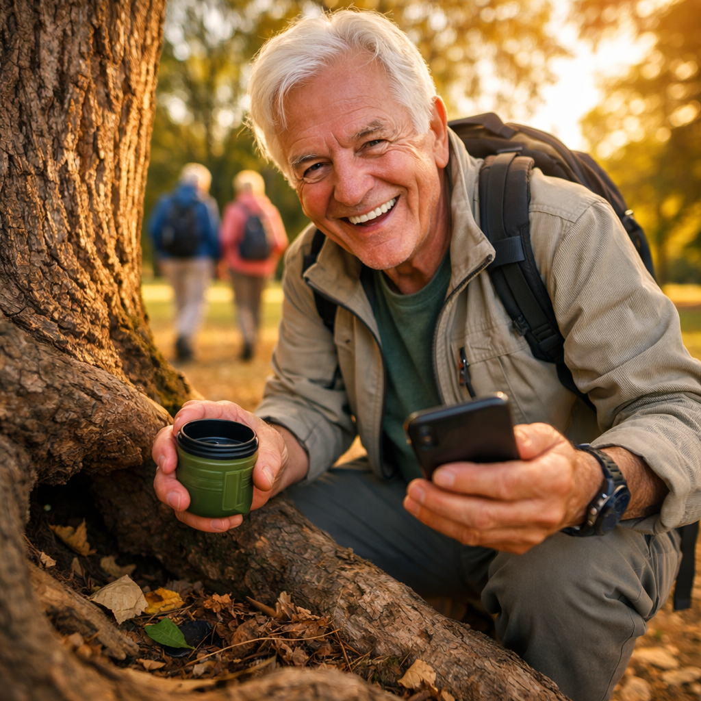 An active senior with silver hair joyfully participating in an outdoor geocaching adventure in a sunny park, holding a smartphone and examining a hidden container under a tree, wearing comfortable hiking clothes, candid moment, shot with wide-angle lens, golden hour lighting, shallow depth of field, genuine smile, background slightly blurred with other seniors walking, photo style