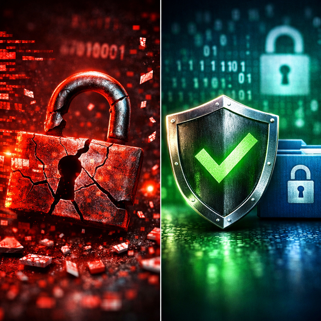 A split-screen composition showing contrast between digital security risks and protection. Left side: fragmented data streams and broken lock symbols in red tones representing data vulnerabilities. Right side: secure shield with checkmarks and encrypted folders in green and blue tones. Dramatic lighting with high contrast, shot with macro lens, f/4, detailed textures, photo style, cybersecurity concept visualization