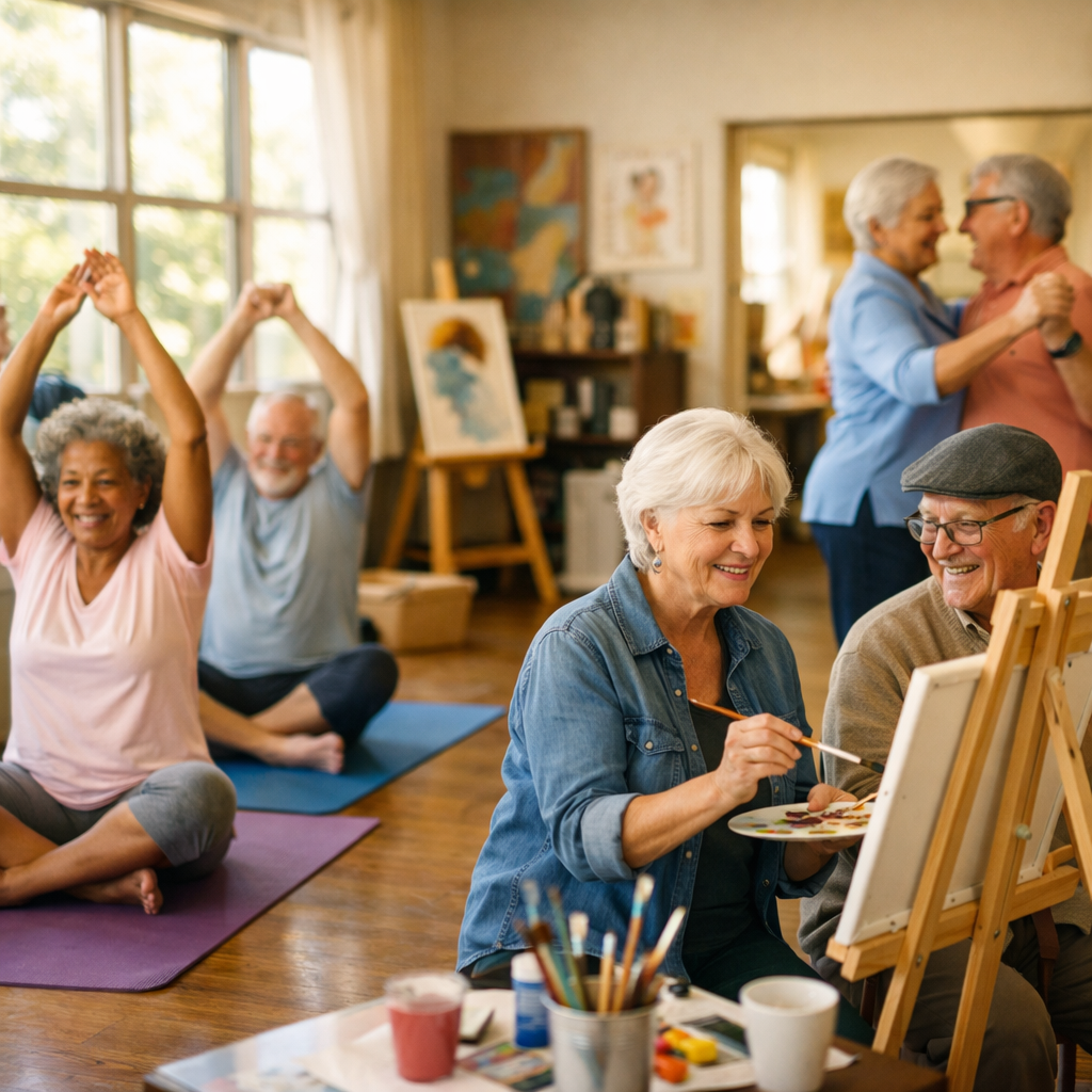 A diverse group of active seniors in their 60s and 70s enjoying various activities together in a bright community center - some practicing gentle yoga poses on mats, others painting at easels, and a few dancing together, all smiling and engaged, natural lighting streaming through large windows, shot with 50mm lens, f/2.8, warm and inviting atmosphere, photo style