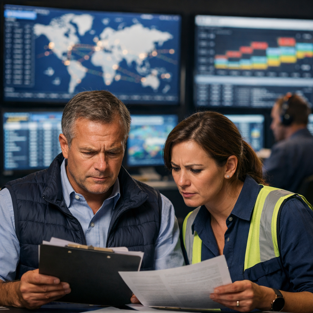 A professional logistics control room with multiple monitors displaying real-time shipping data, world maps with container routes, and timeline charts. In the foreground, warehouse managers reviewing documents with concerned expressions. The scene shows a modern supply chain operations center with dim lighting and glowing screens, shot with 50mm lens, f/2.8, shallow depth of field, photo style, highly detailed