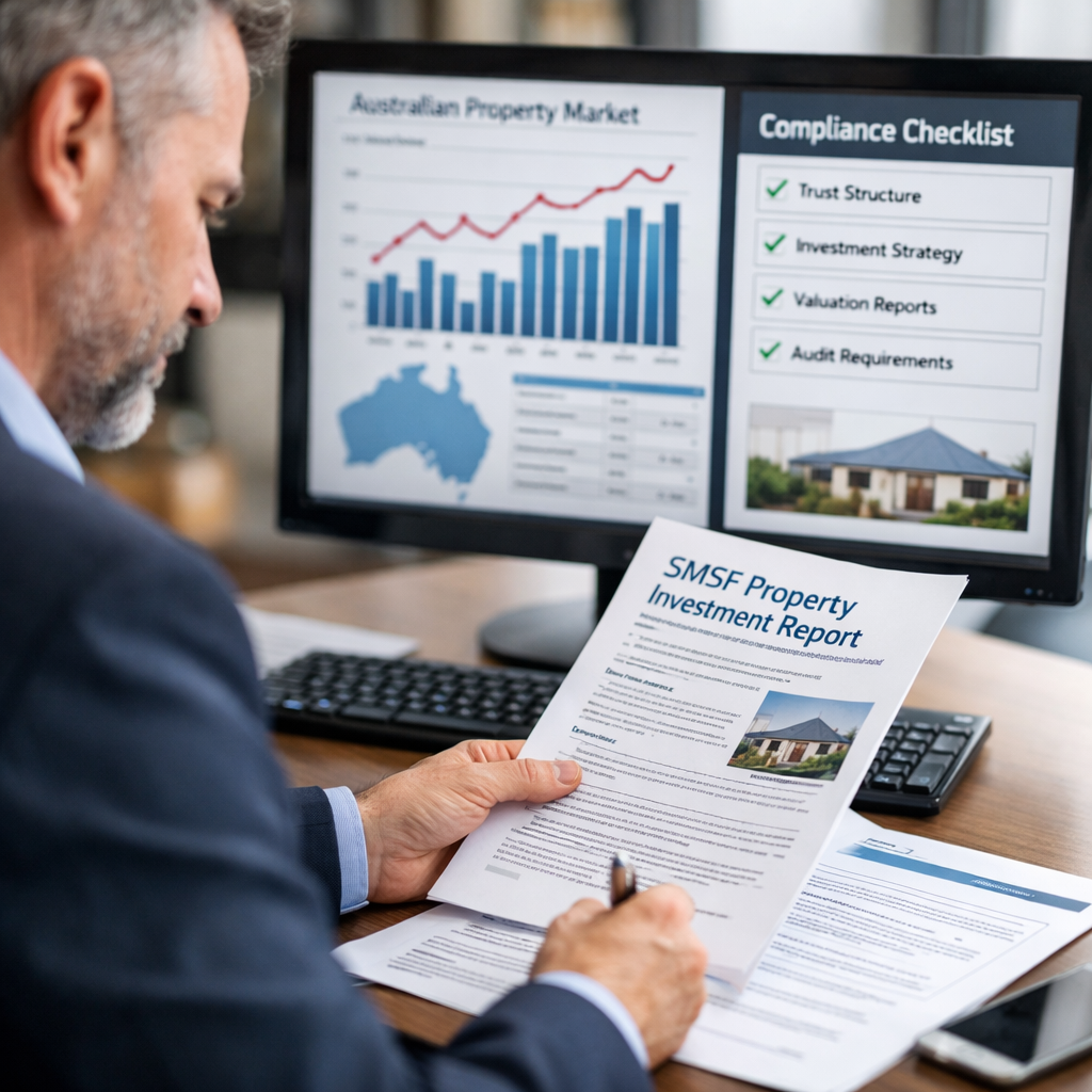 A professional financial advisor reviewing SMSF property investment documents at a modern desk, with Australian property market charts and compliance checklists visible on a computer screen, natural office lighting, shot with 50mm lens, f/2.8, shallow depth of field, highly detailed, photo style