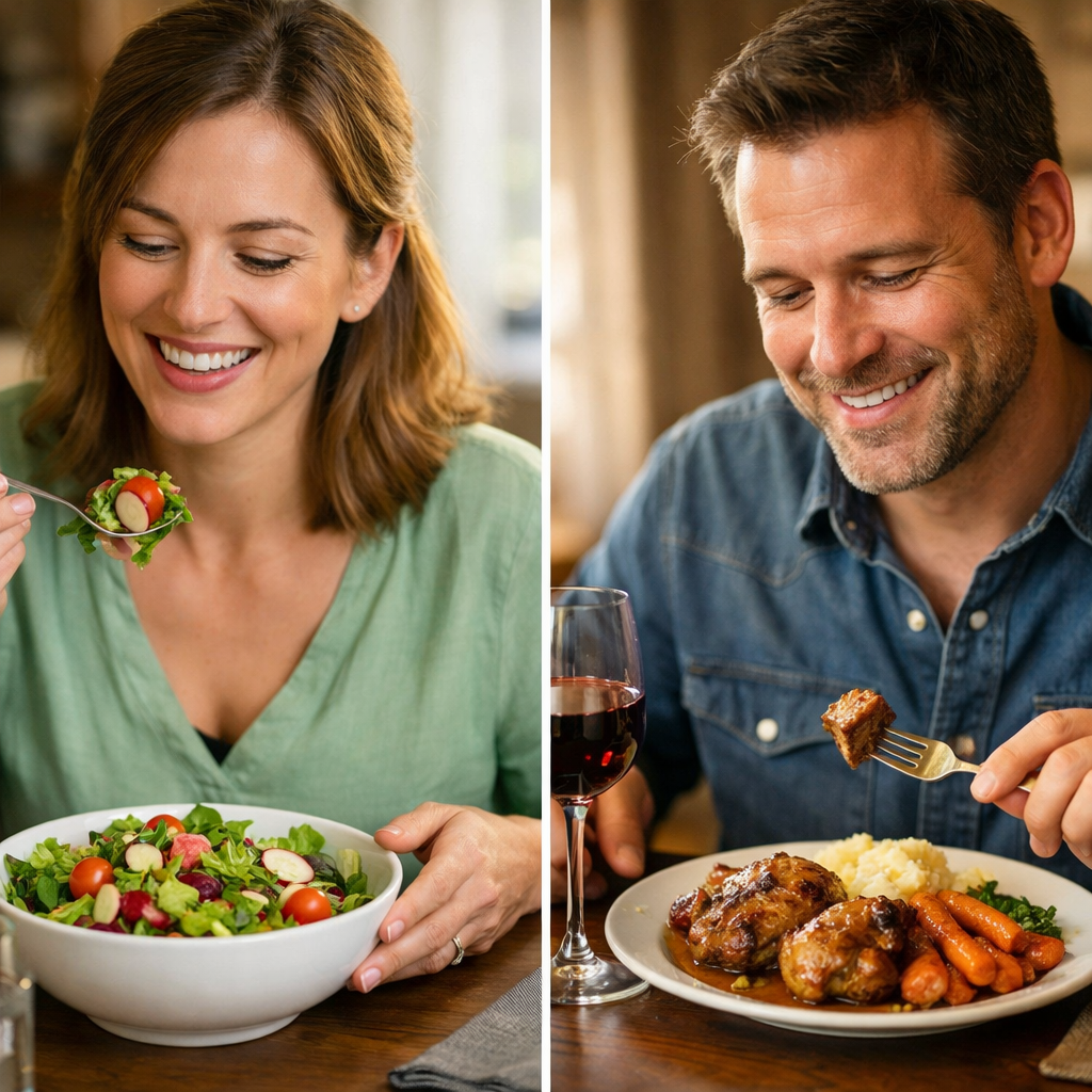 A split-screen composition showing two people at dinner tables in warm, inviting lighting. On the left, a woman enjoys a colorful raw vegetable salad with fresh greens, looking energized and happy. On the right, a man eats a warm, cooked meal with root vegetables and protein, appearing equally satisfied and healthy. Shot with 50mm lens, f/2.8, natural window lighting, warm tones, photo style